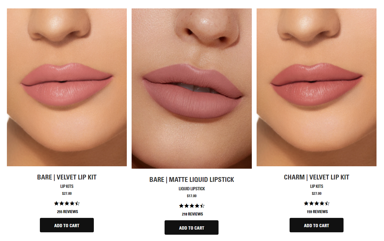 Kylie Cosmetics Shopify store homepage product display