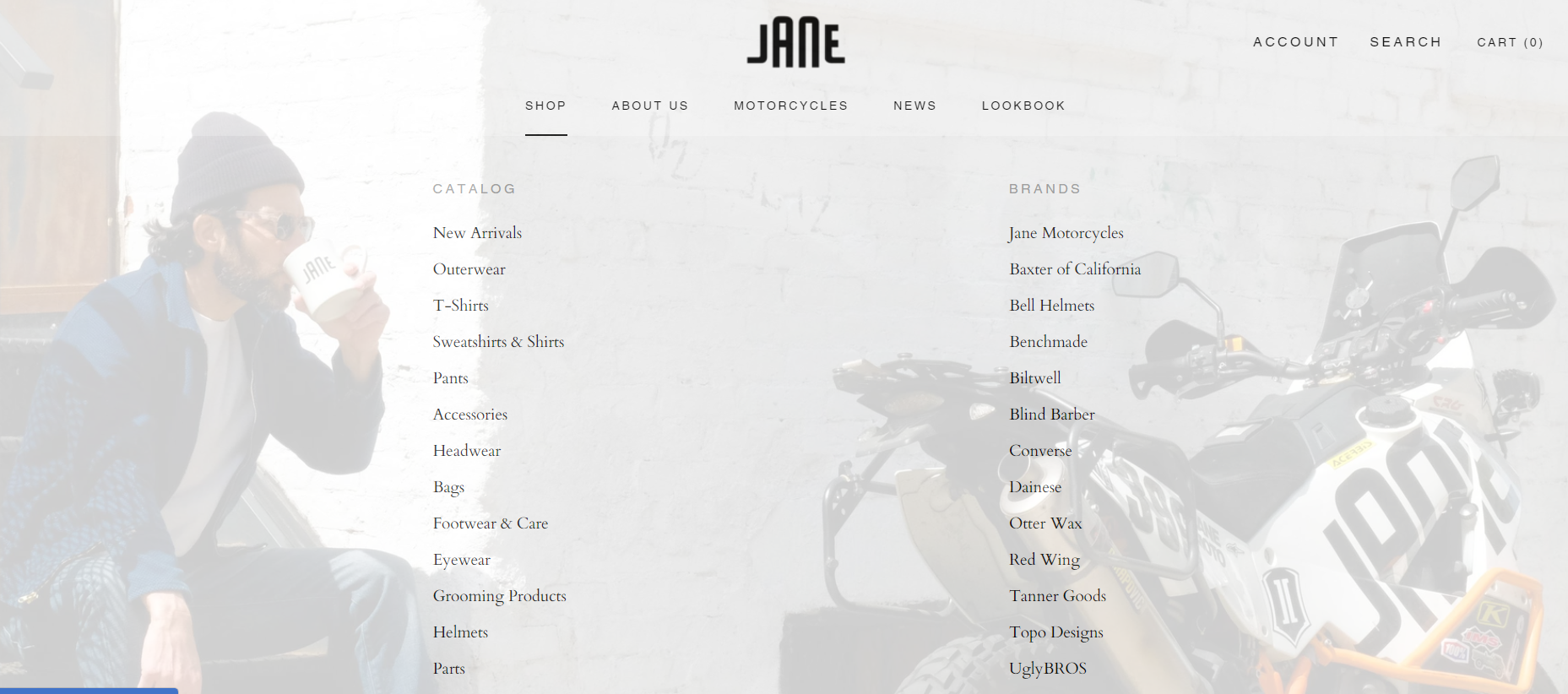 Jane Motorcycles Shopify store menu