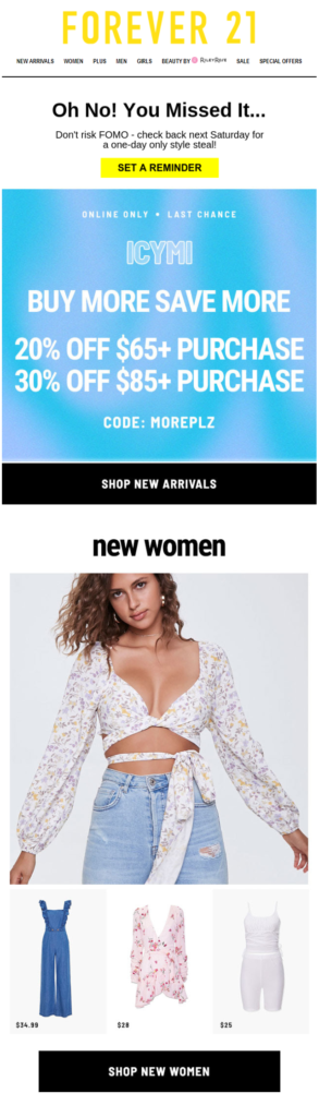 discount code reminder email example by forever 21