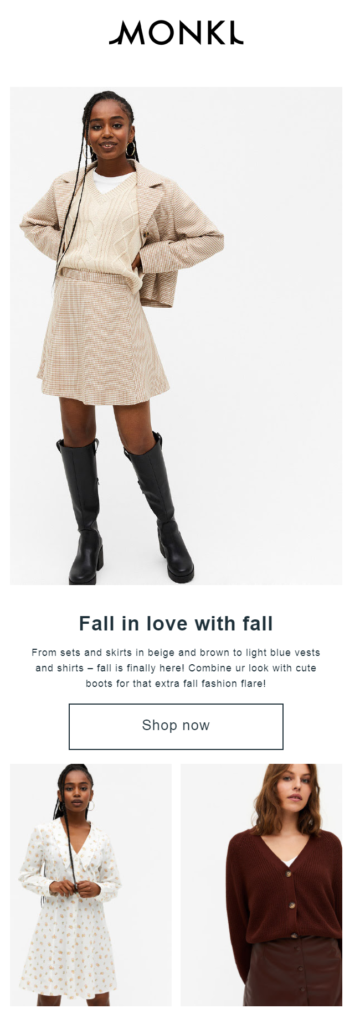 monki email for fall products promotion
