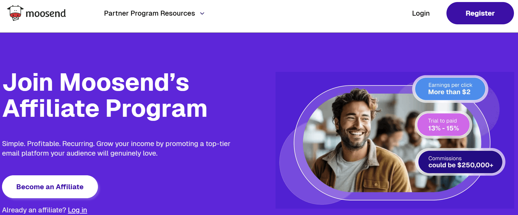 moosend's affiliate program page