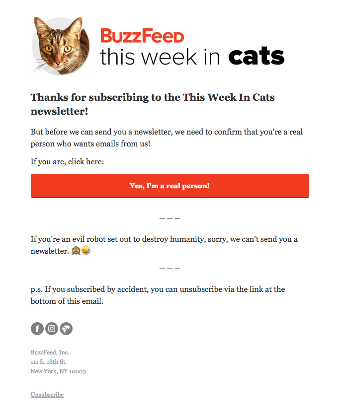 Email marketing examples | Buzzfeed's Double Opt-In Confirmation