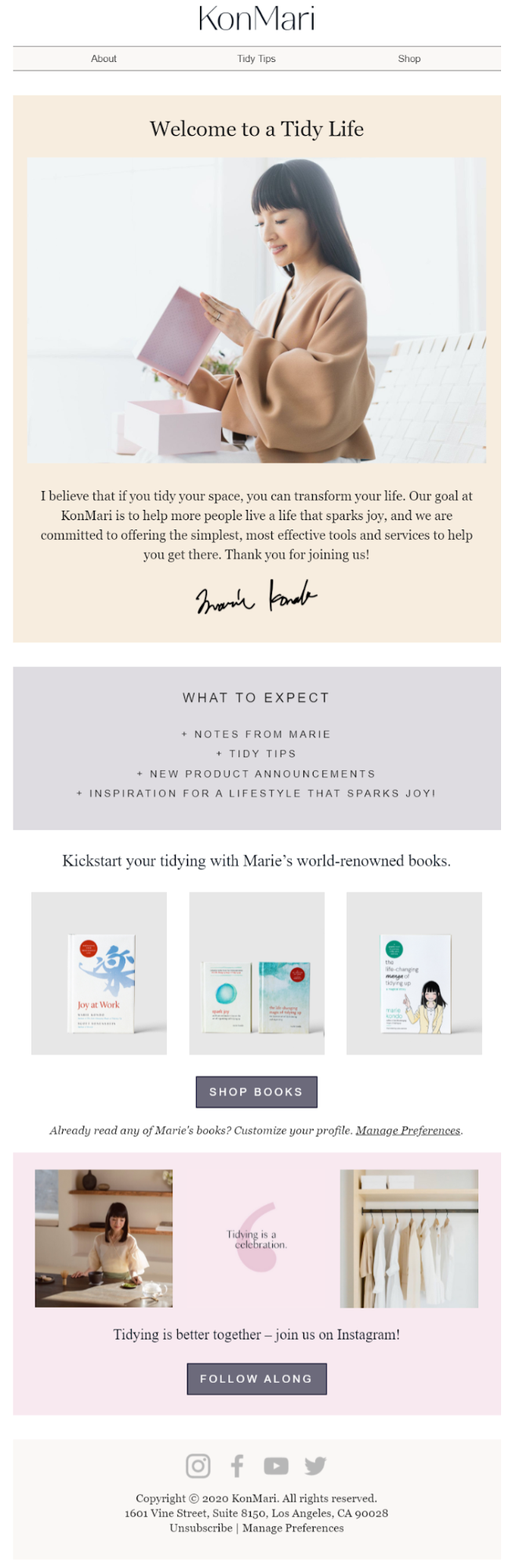 welcome email marketing example by KonMari