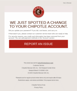 chipotle's password change notification email