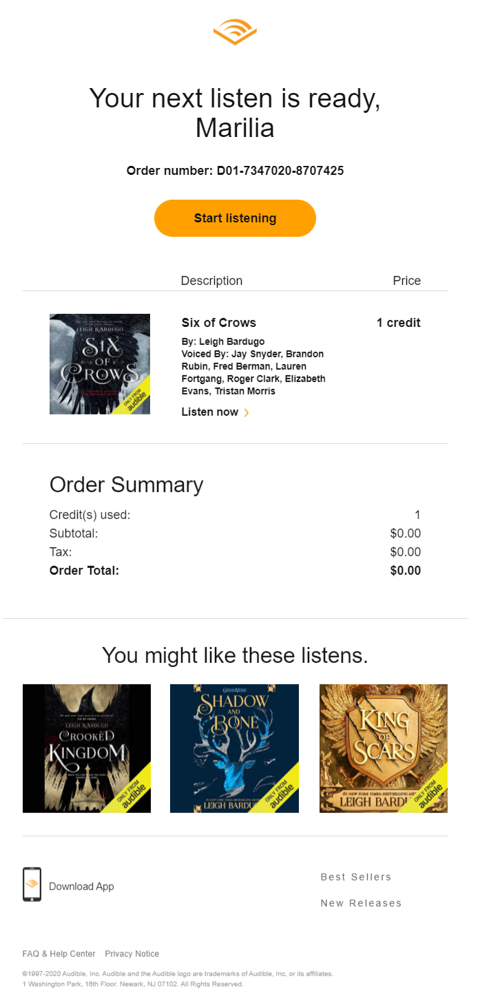 order confirmation email campaign by Audible
