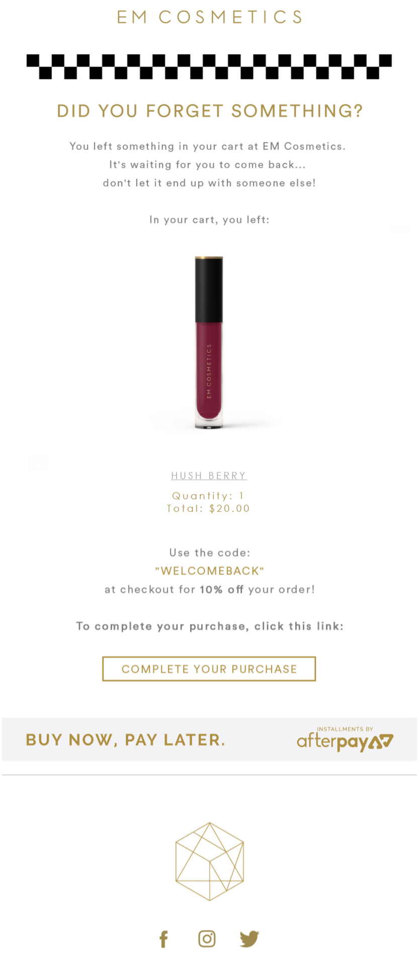 cart abandonment email campaign example by EM Cosmetics