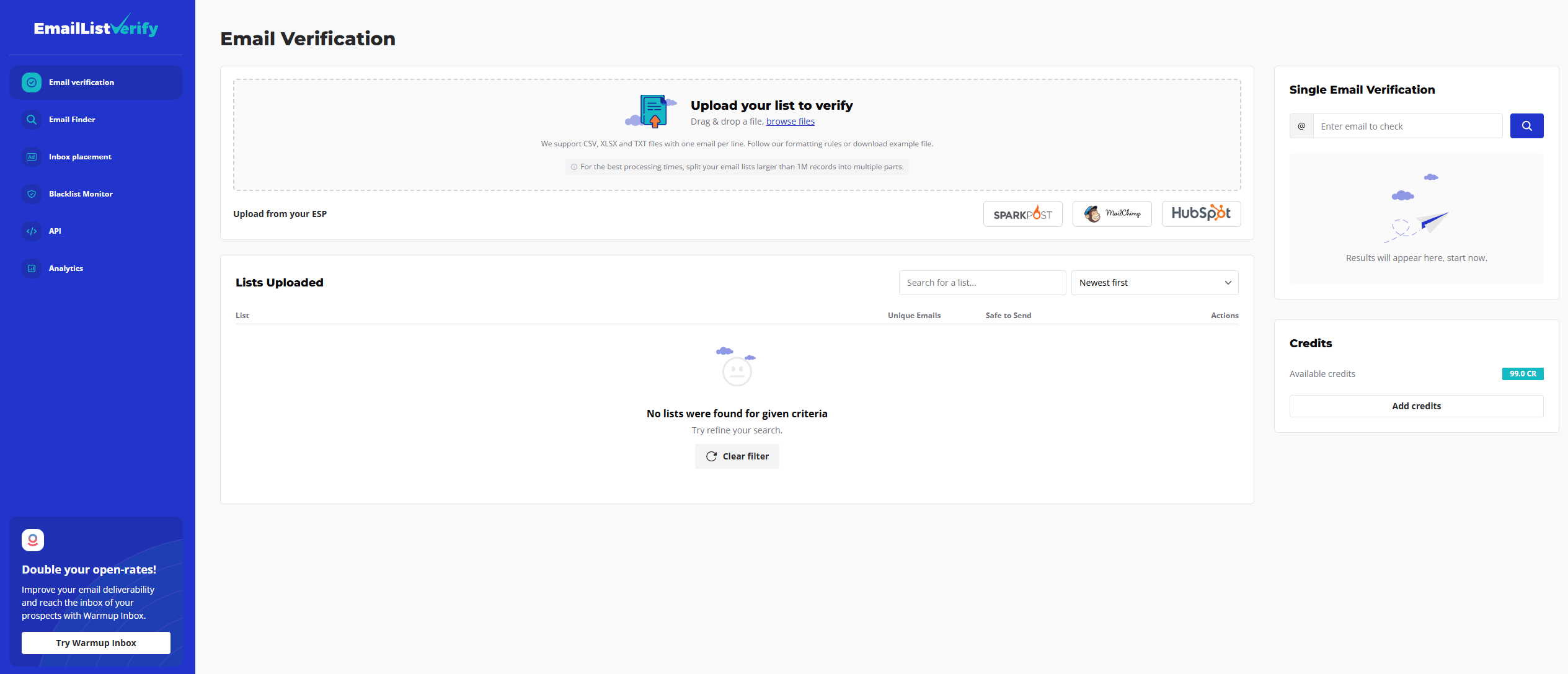 emaillistverify dashvoard