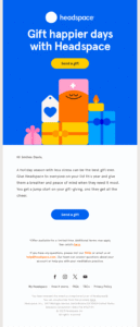 Christmas email by headspace suggesting a subscription as a gift