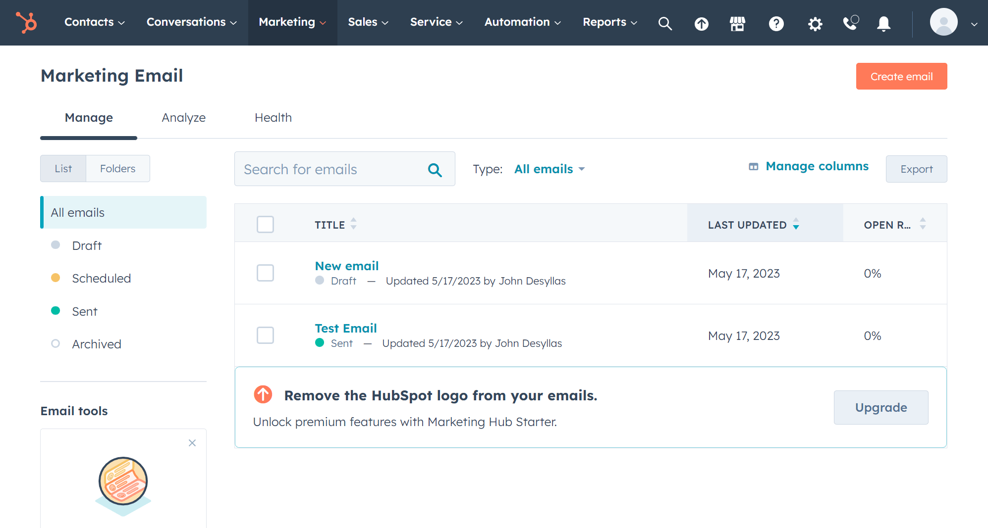 hubspot's marketing email dashboard