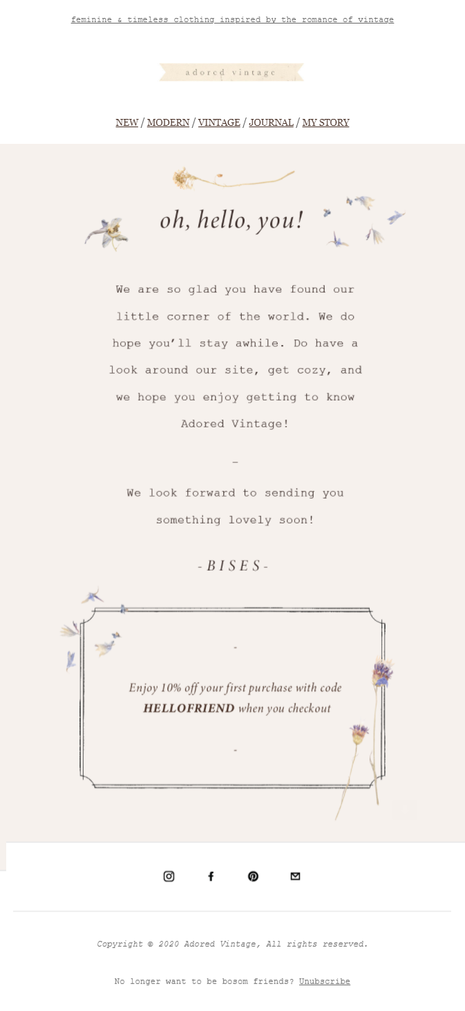 adored vintage welcome email examples