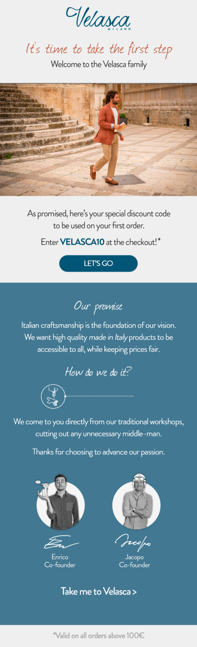 welcome email example by velasca