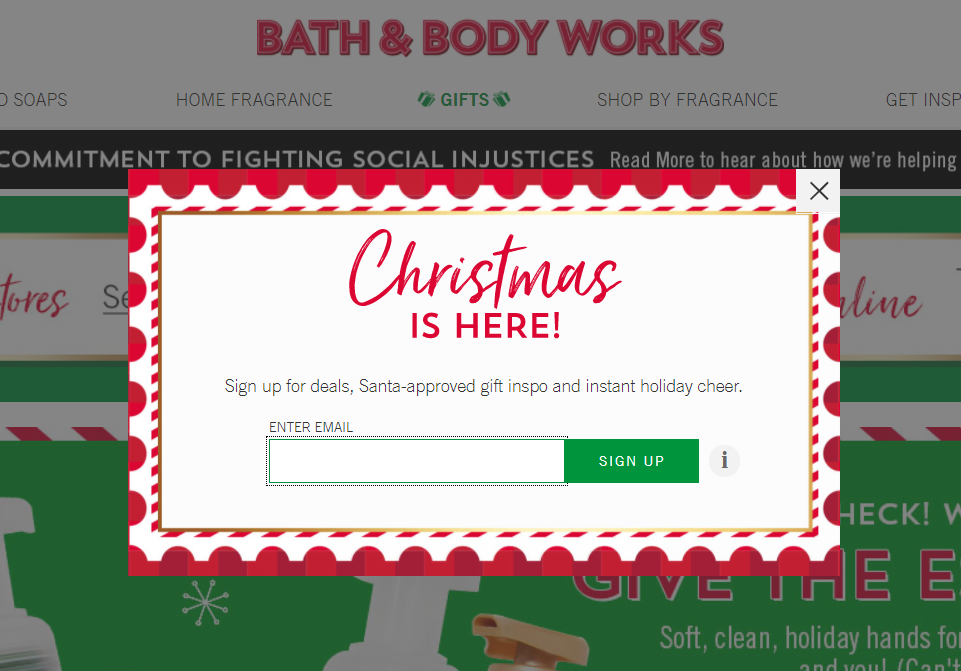 Christmas email marketing signup form by Bath and Body