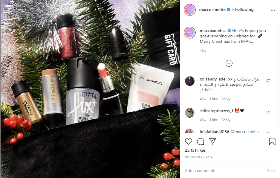 Christmas social media post by MAC cosmetics