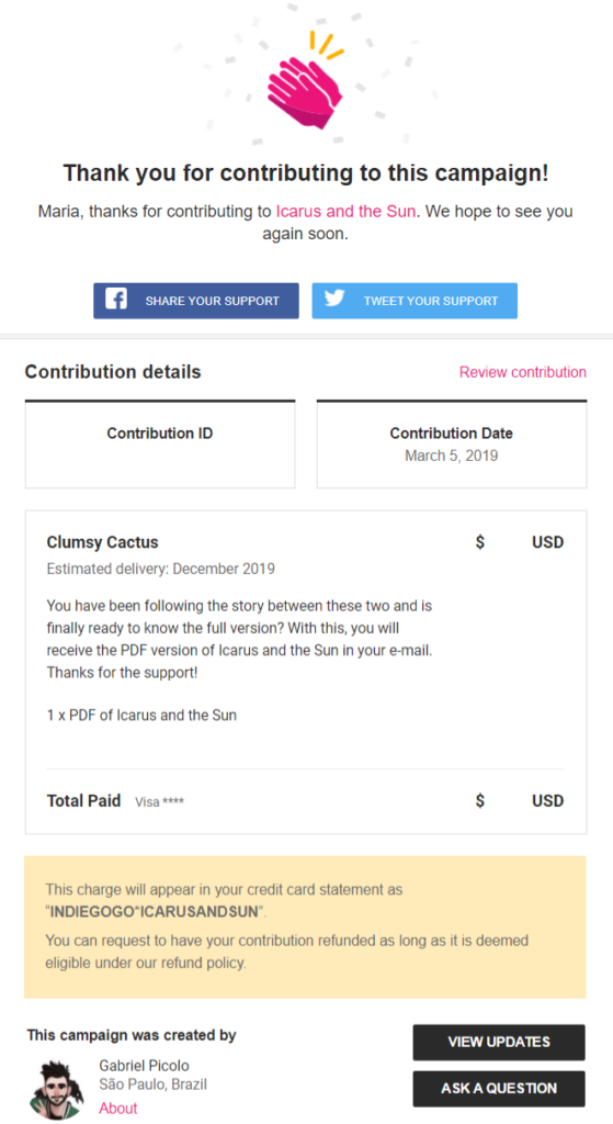 Indiegogo thanks for payment example
