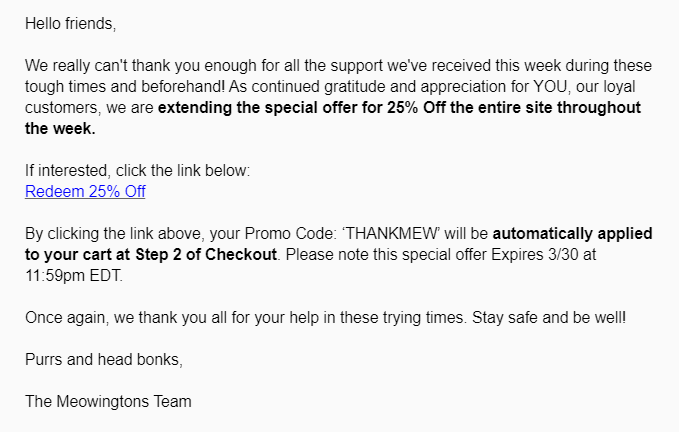 Meowingtons thank you email with offer