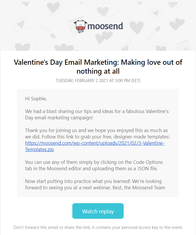 Moosend webinar thank you email