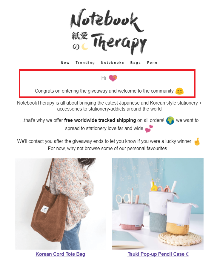 Notebook therapy automated welcome email