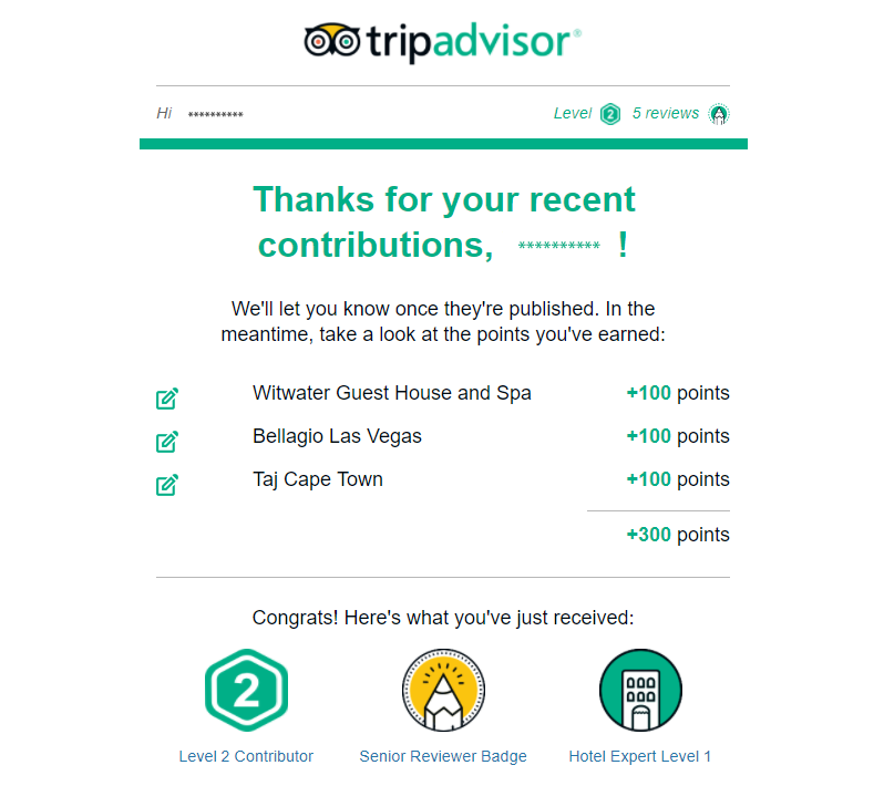 Tripadvisor thank you email for contributing