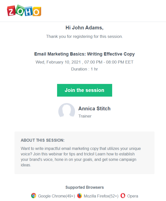 Zoho automated emal for webinar registration