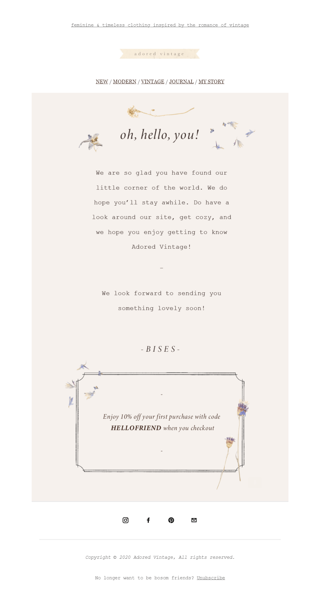adored vintage ecommerce welcome email template e