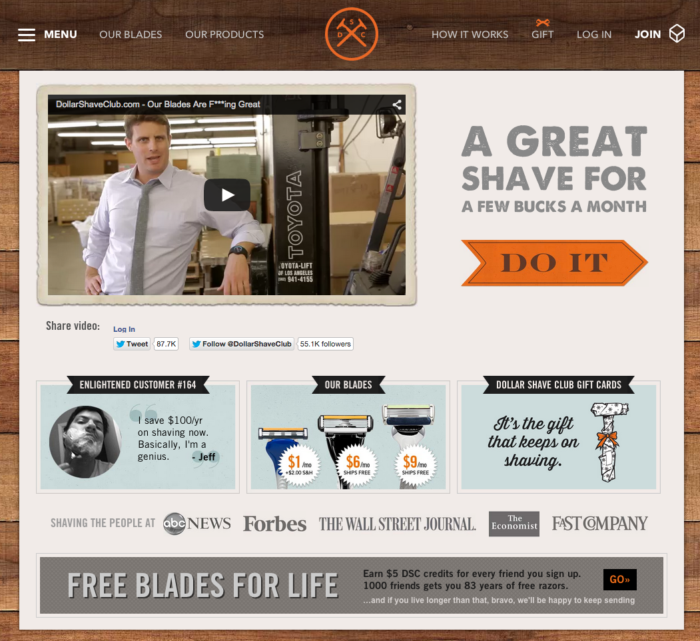 dollar shave club video-infused landing page design