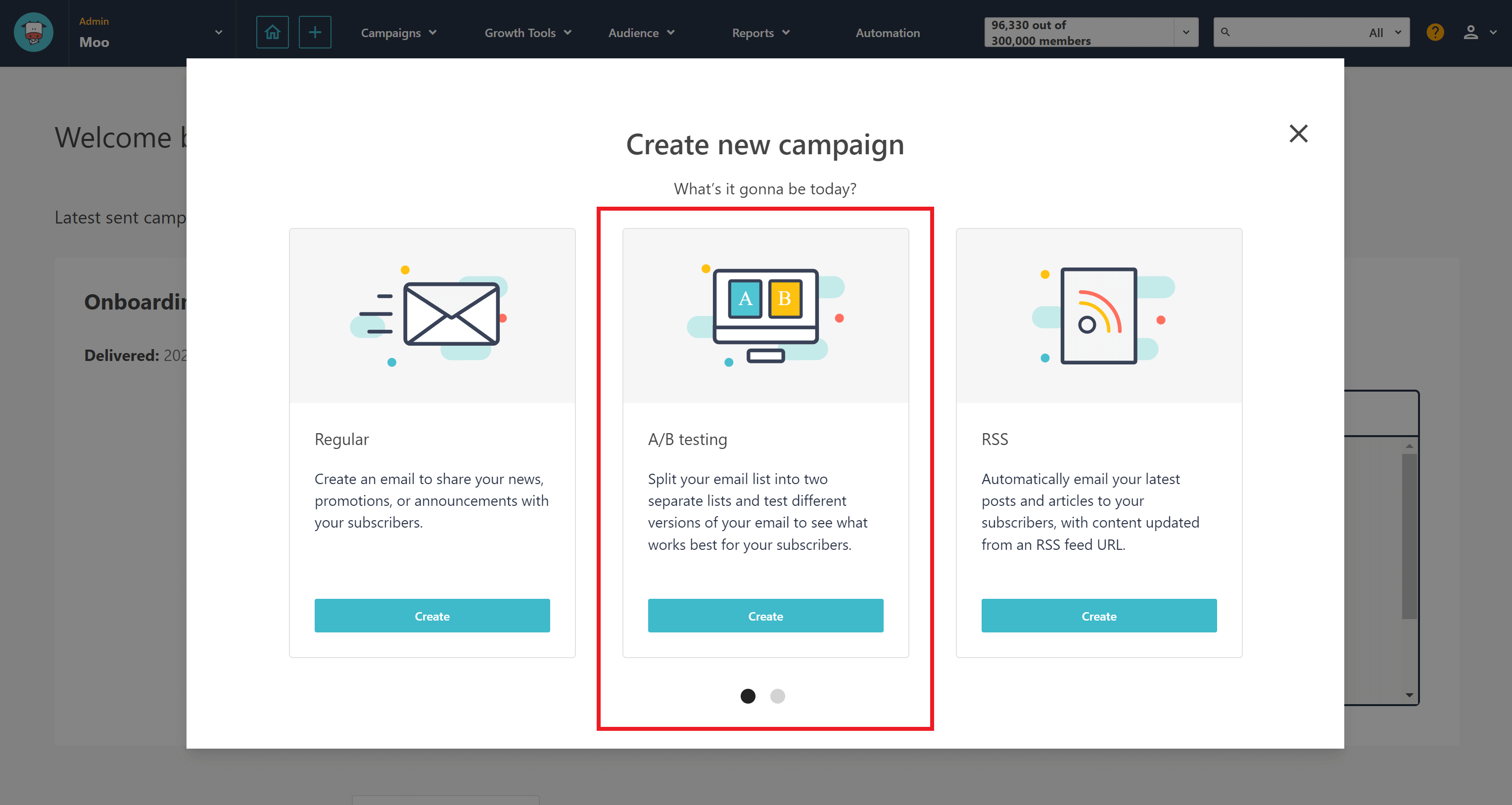 Moosend a/b testing email campaign