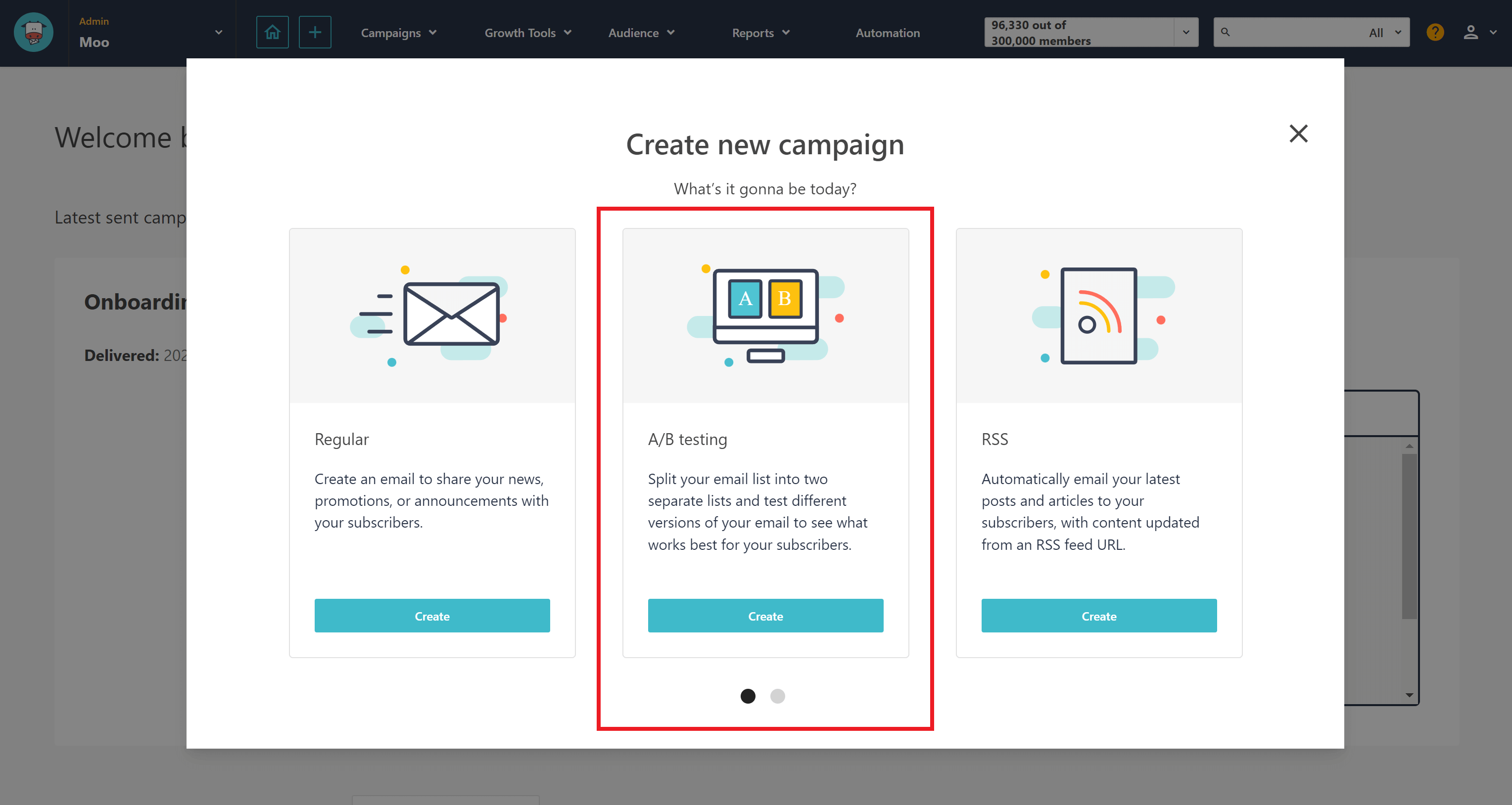 Moosend ab testing campaign option