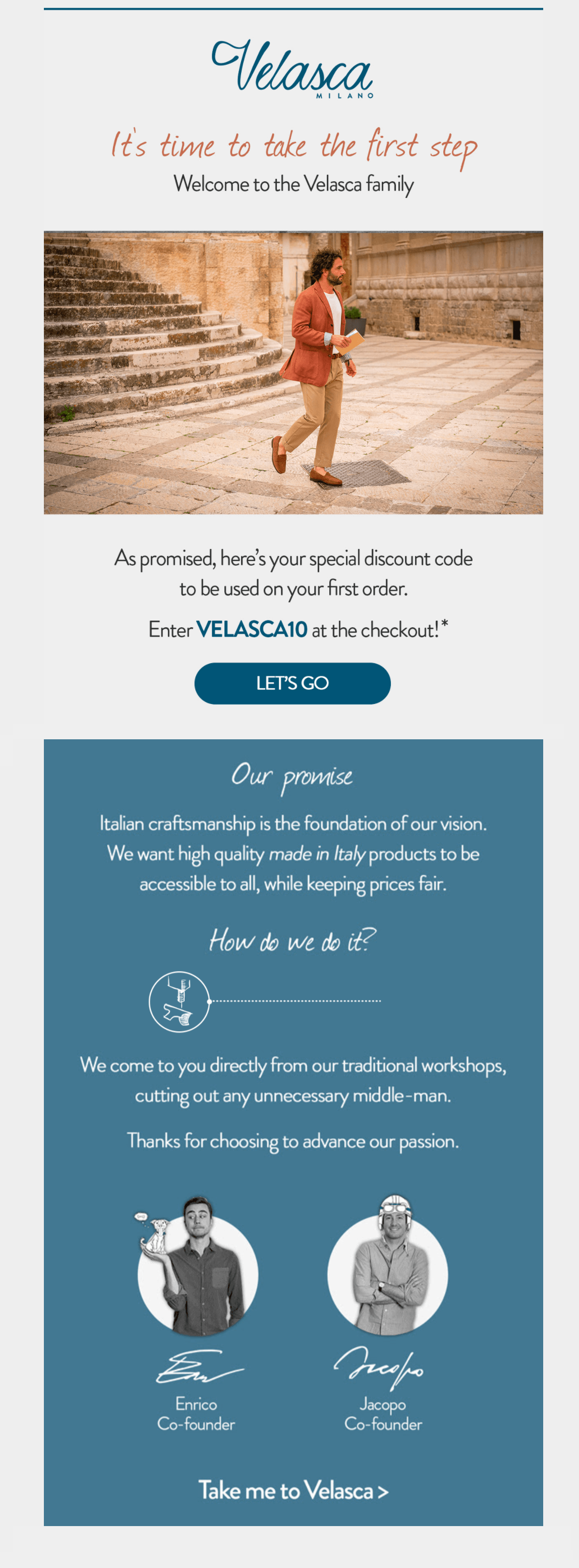 velasca email campaign for new subscribers