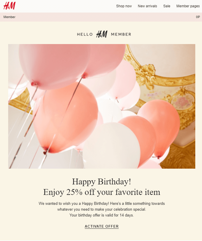 H&M birthday email