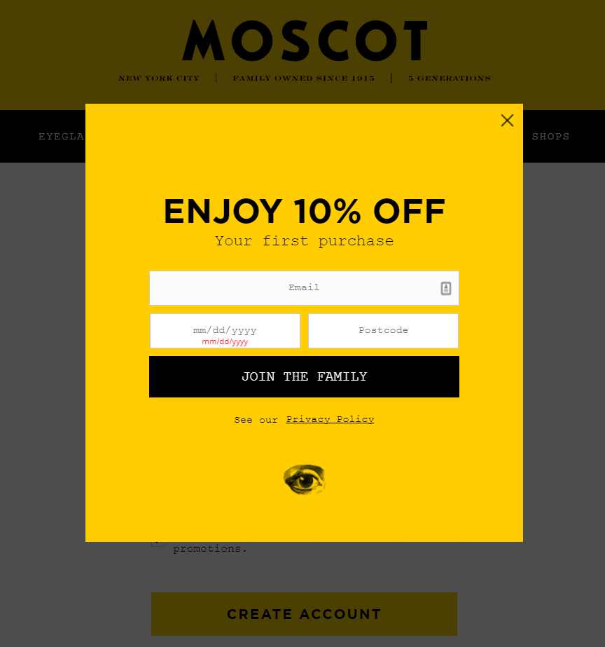 Moscot email registration