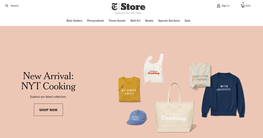 Homepage of The New York Times ecommerce site