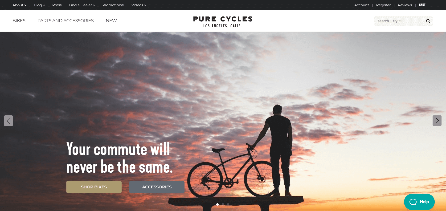 Homepage of Pure Cycles online store