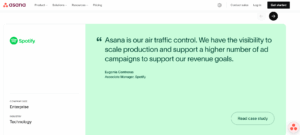 Asana's product page with case studies