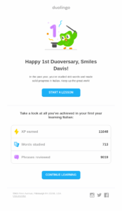 Duolingo's anniversary email