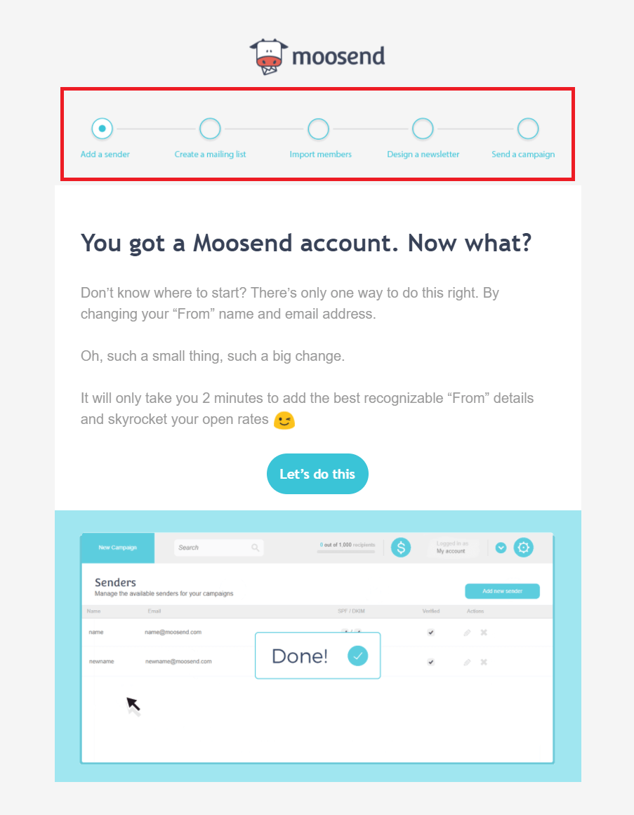 moosend b2b email marketing onboarding