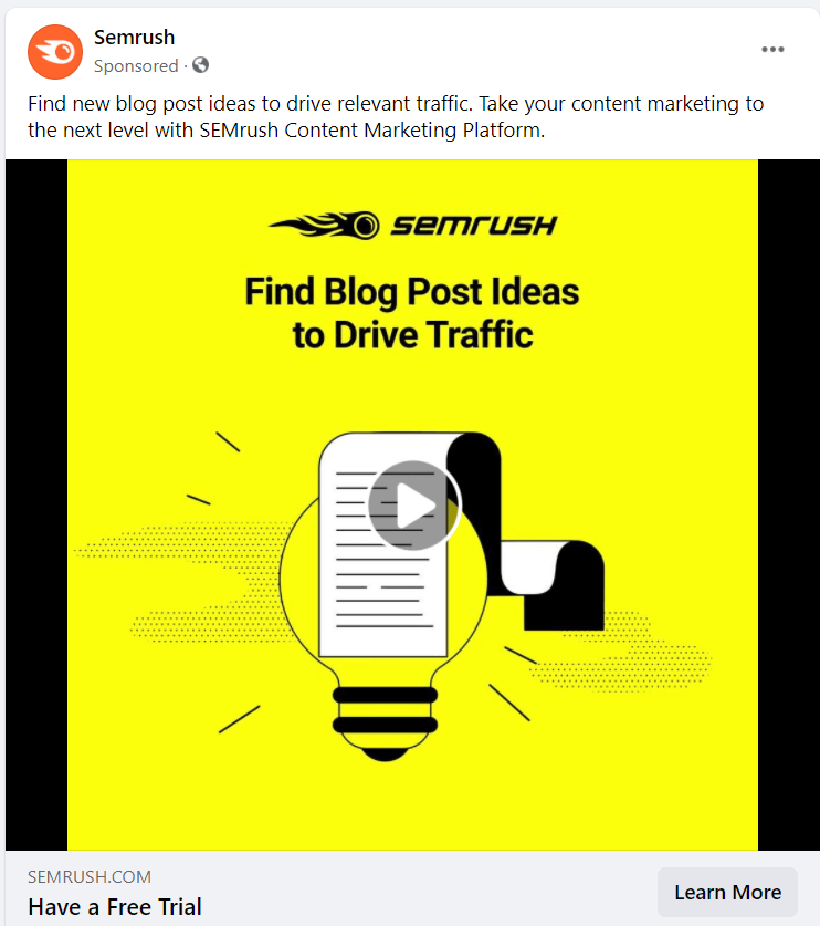 Semrush Facebook ad example