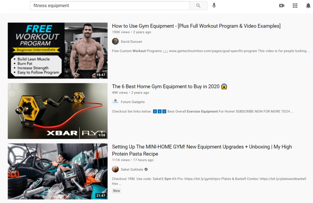 YouTube search results