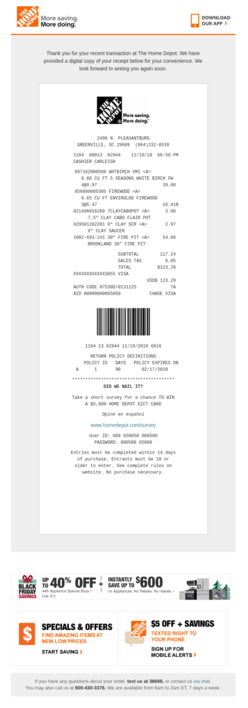 Home Depot transactional email receipts