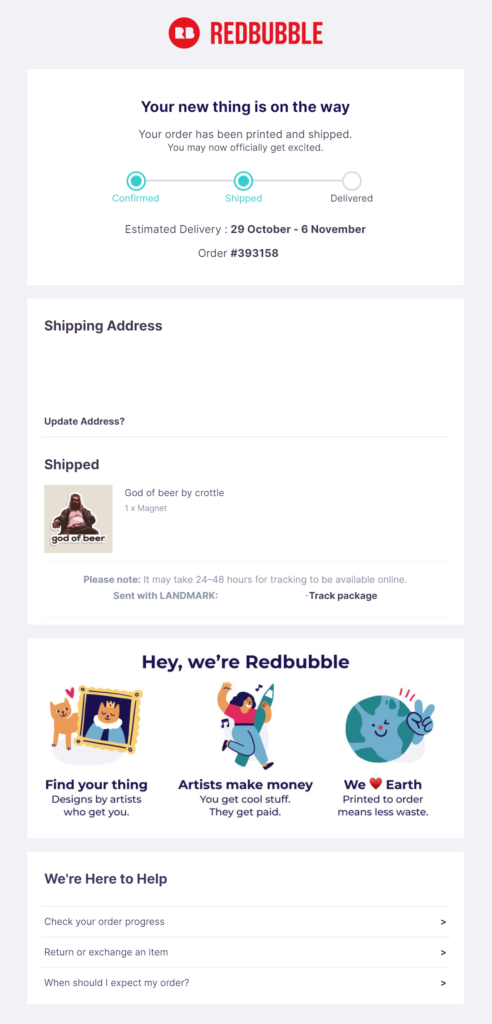 Redbubble shipping notification email