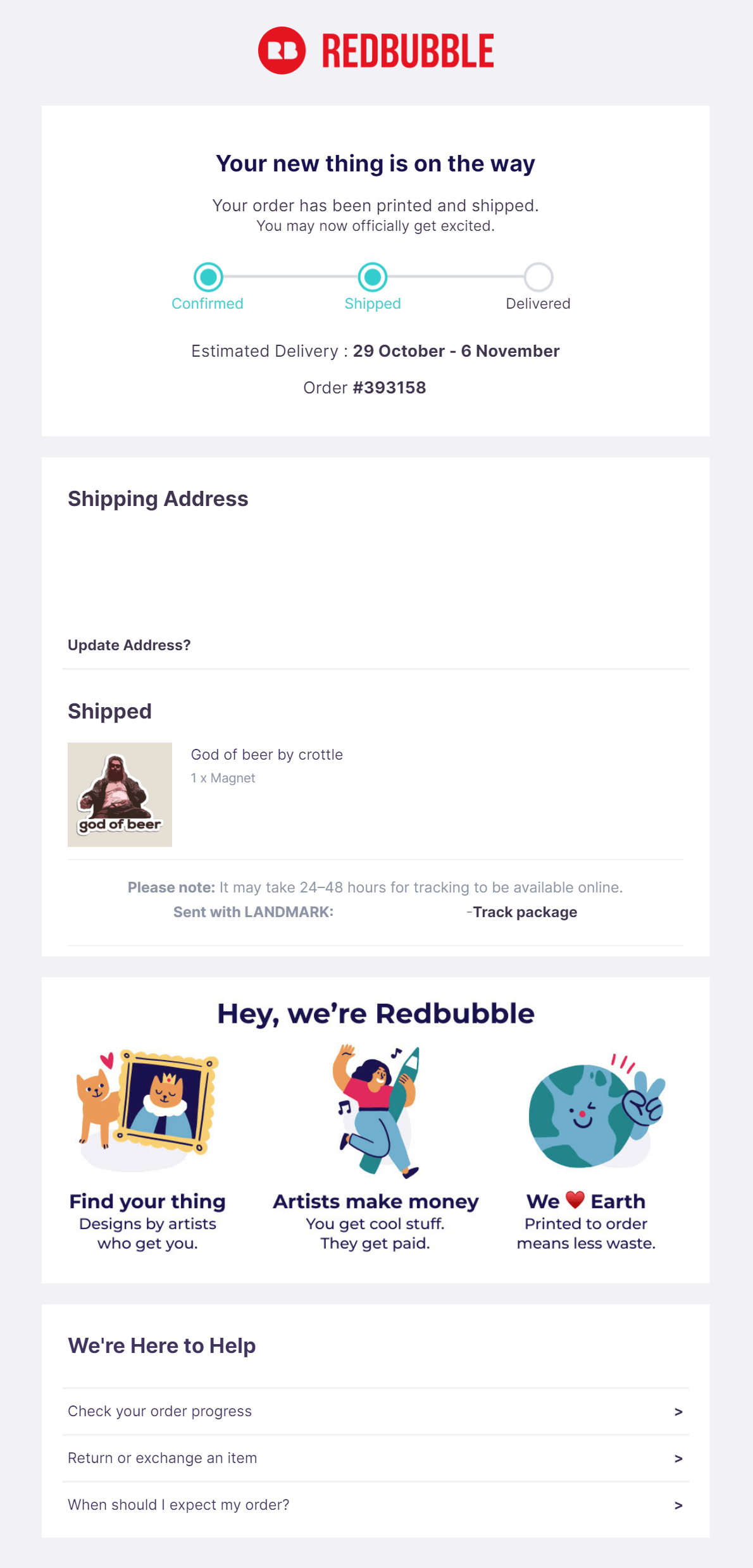 Redbubble shipping notification example