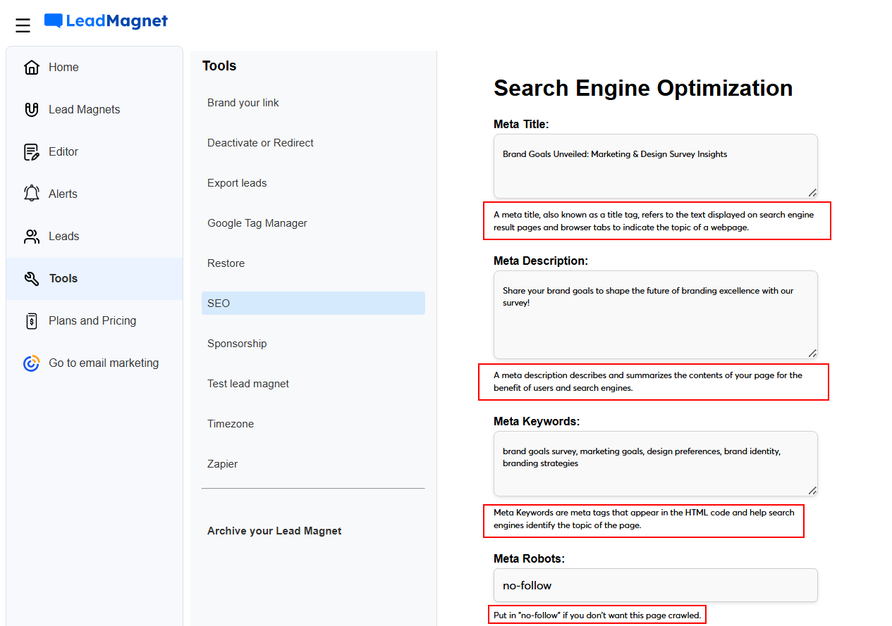 lead magnet platform SEO screenshot