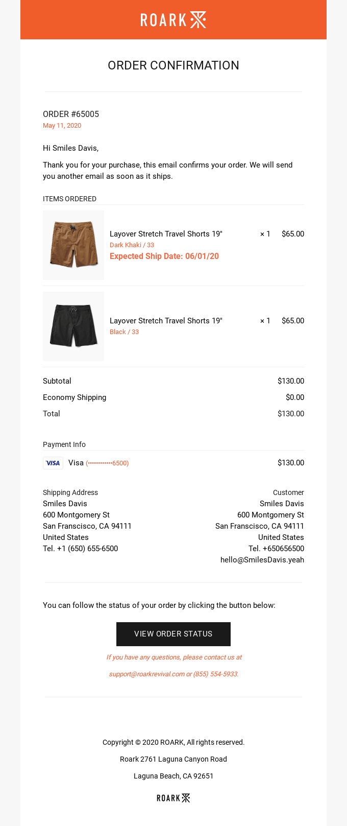 Roark order confirmation email example