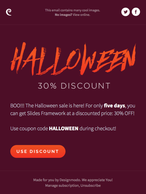 Halloween email newsletter discount example