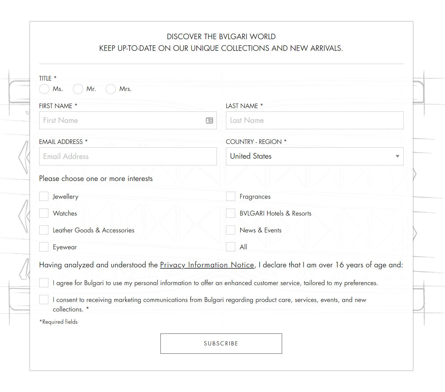 bulgari email newsletter signup form