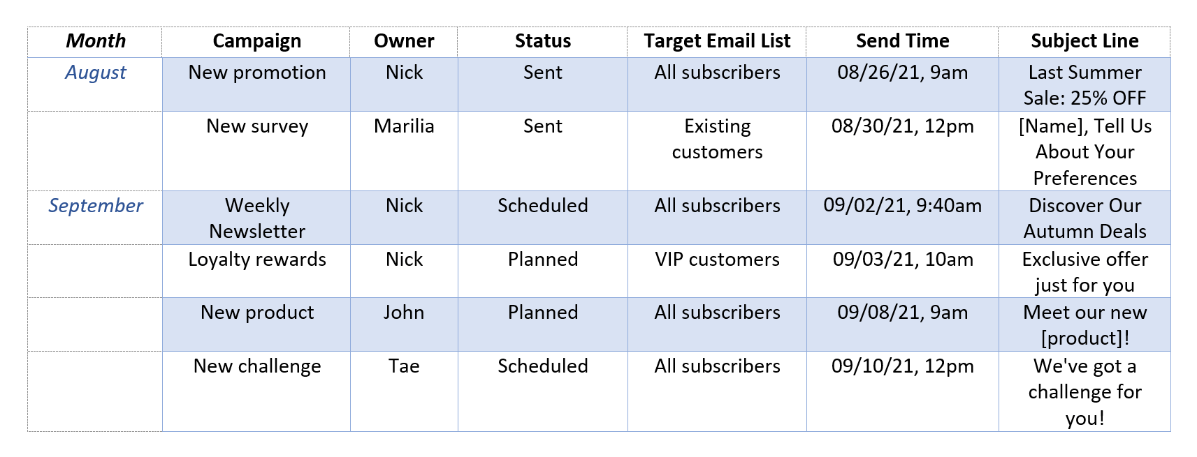 email marketing calendar