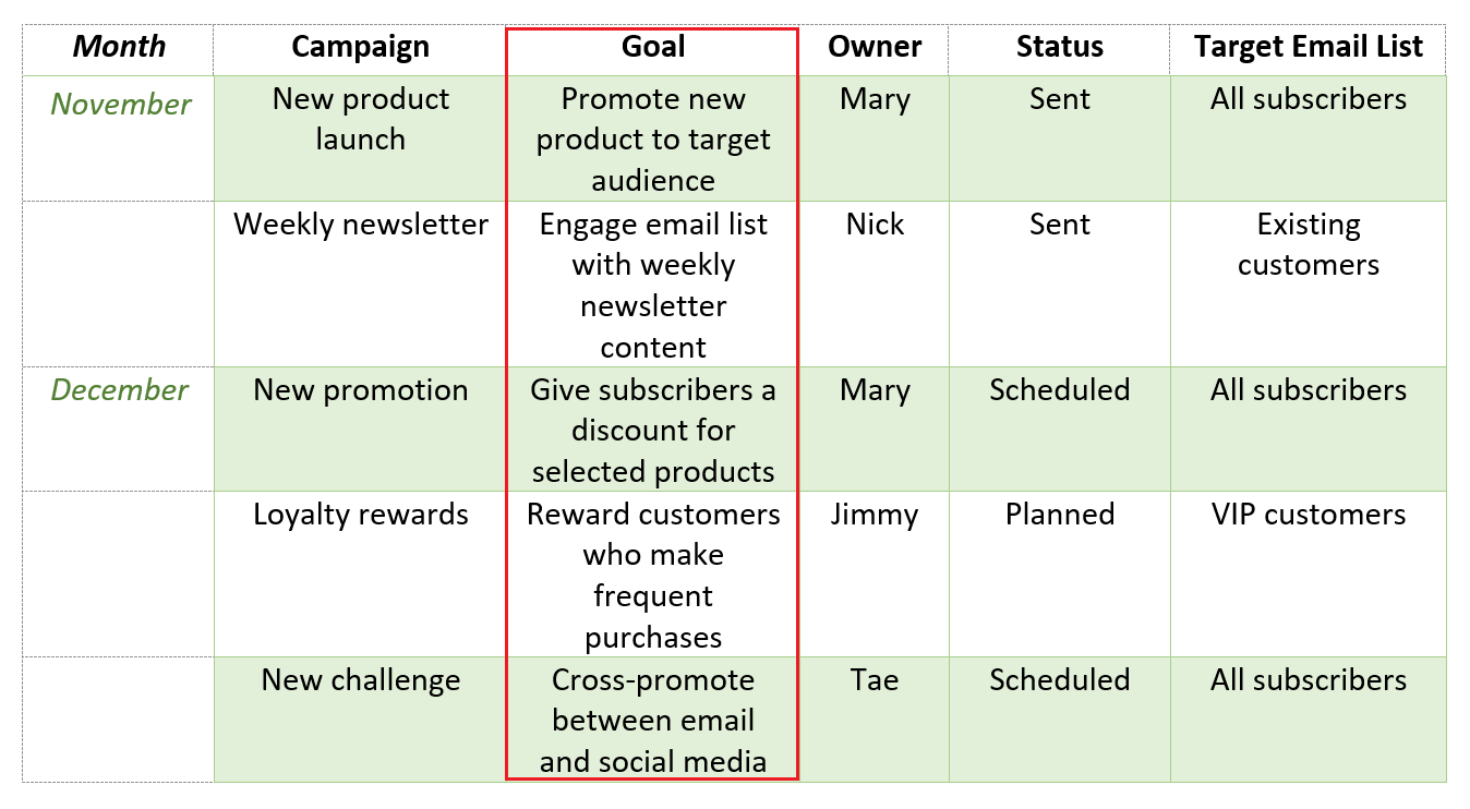 email calendar goals