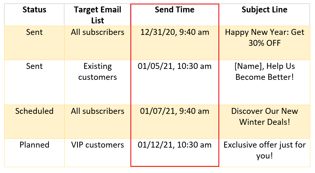 email calendar send times