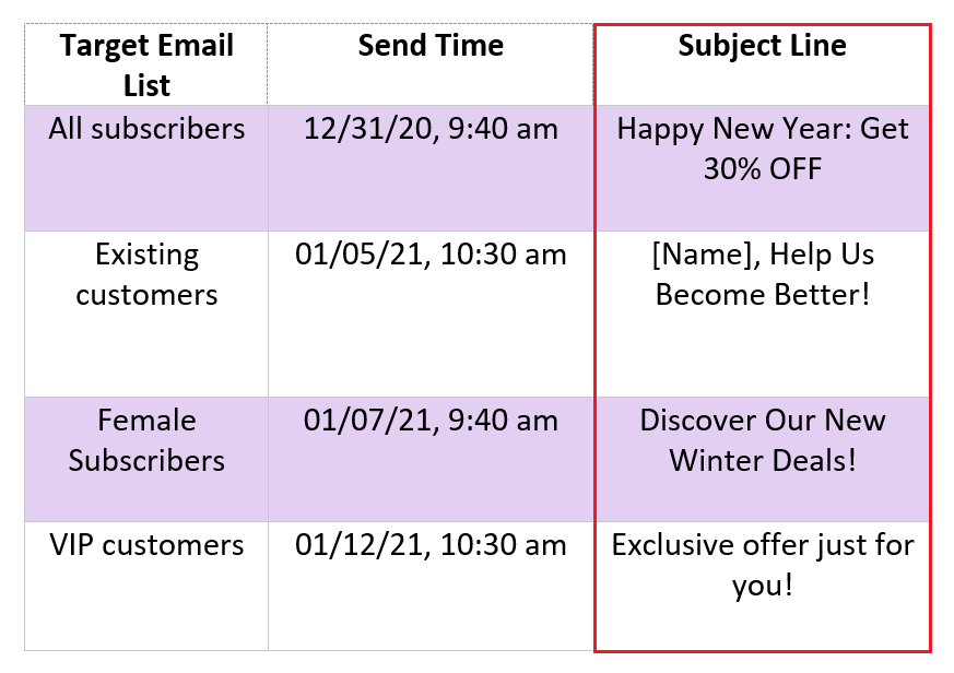 subject lines email marketing calendar