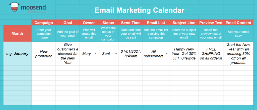 Mooosend email marketing calendar template