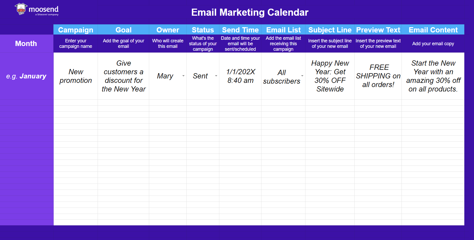 moosend email marketing calendar template